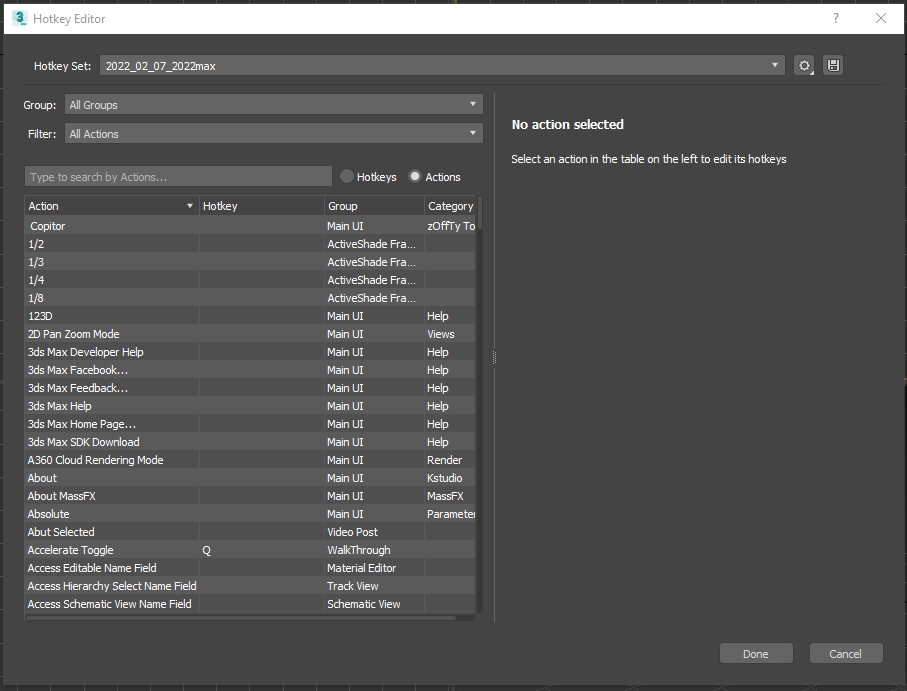 Вікно Hotkey Editor для налаштування гарячих клавіш у 3D max